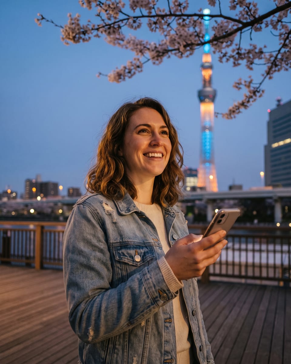A smiling traveler holding a smartphone by the river in Tokyo at dusk, with cherry blossoms and Tokyo Skytree behind her