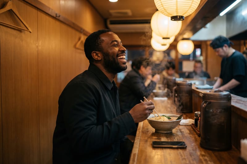 A traveler laughing over a bowl of ramen at a cozy noodle counter in Tokyo, with his smartphone on the counter