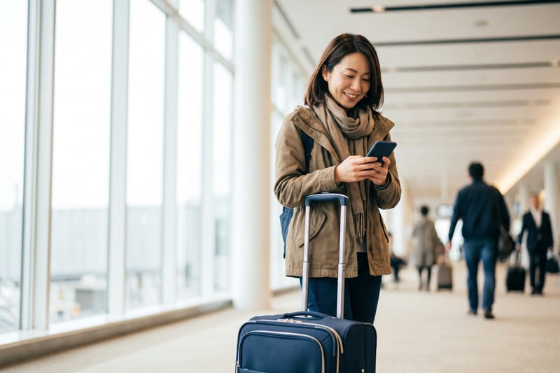 A traveler with a suitcase smiling at her smartphone in a bright airport arrival hall in Japan
