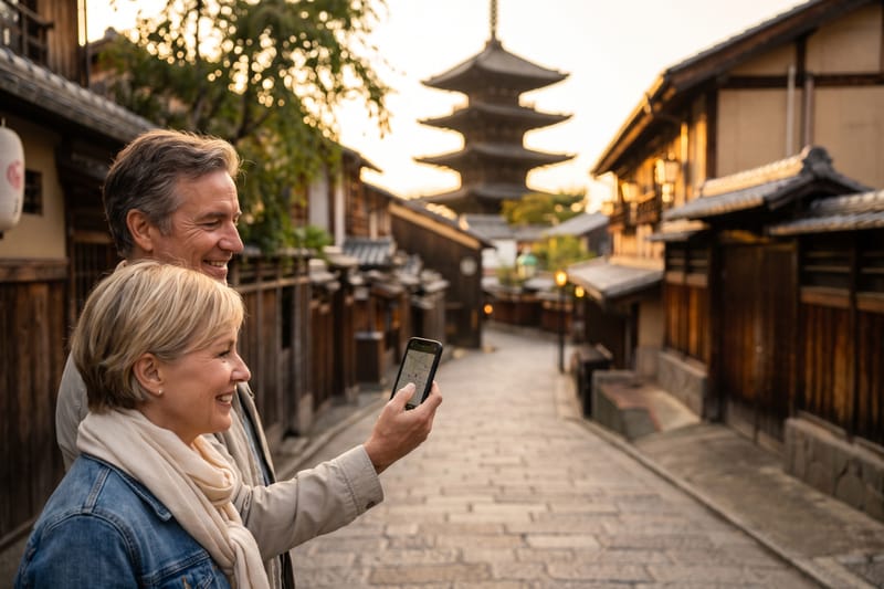 A couple checking a map on a smartphone on a historic street in Kyoto