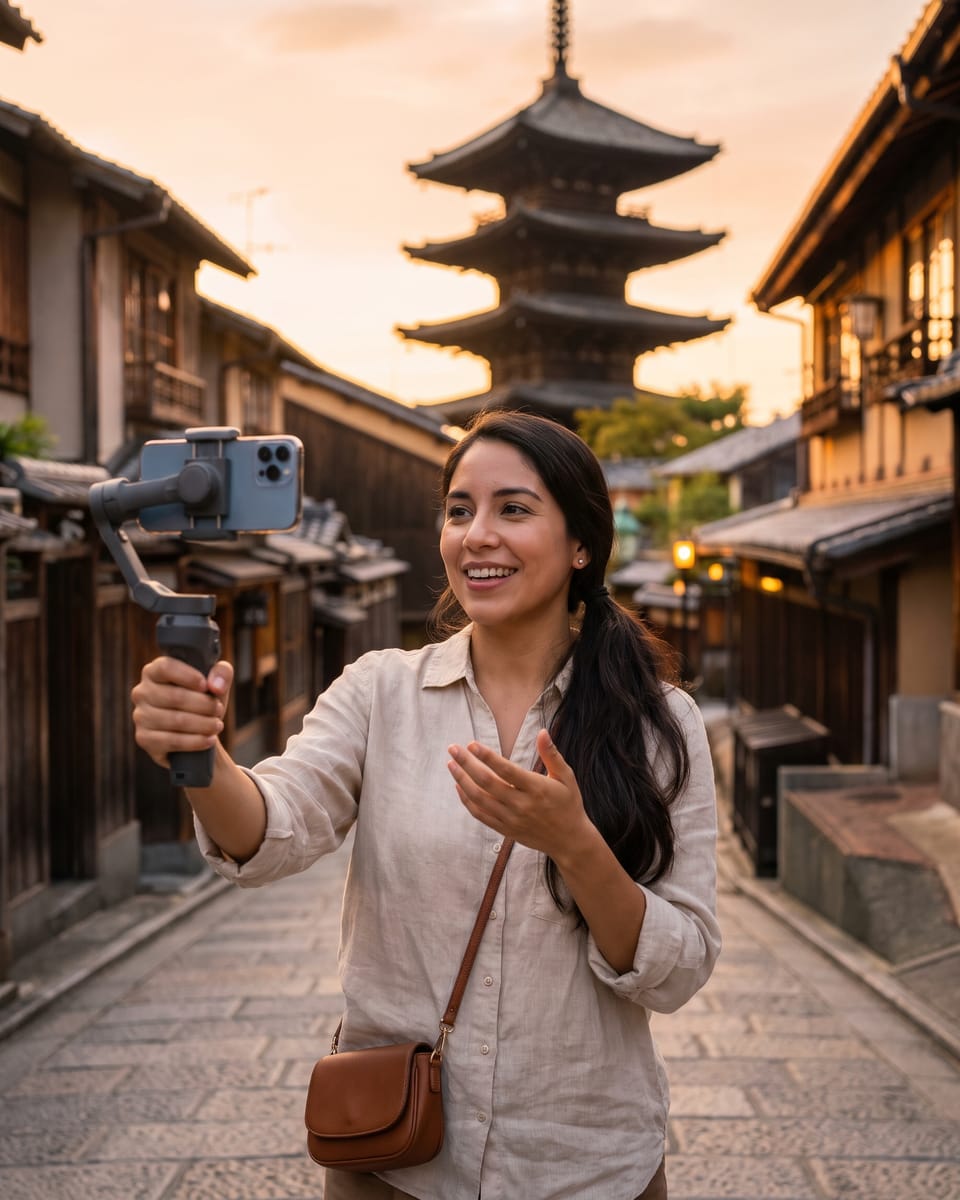 A smiling travel creator filming a vlog with a smartphone on a gimbal in a historic street in Kyoto, with a five-story pagoda behind her
