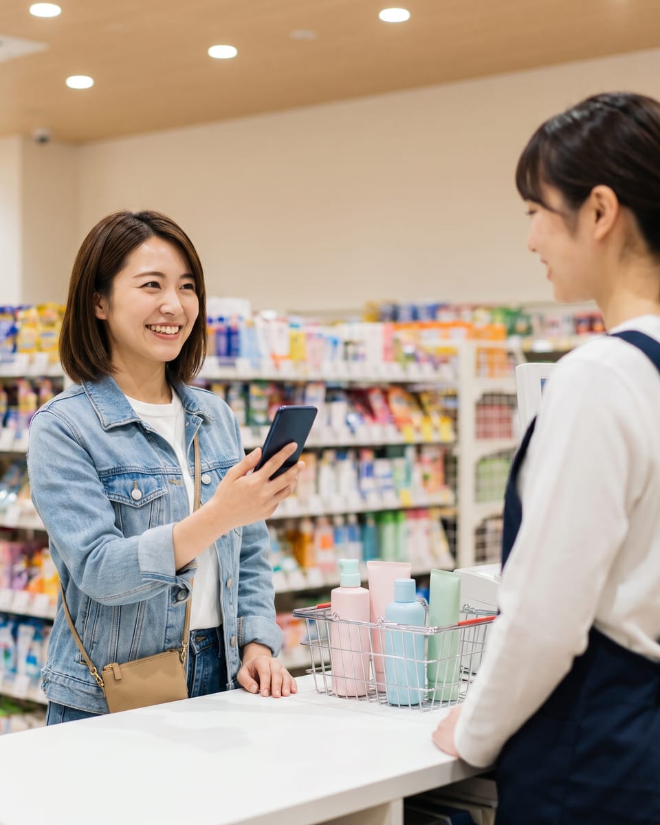 A traveler showing a coupon on her phone at a store checkout in Japan