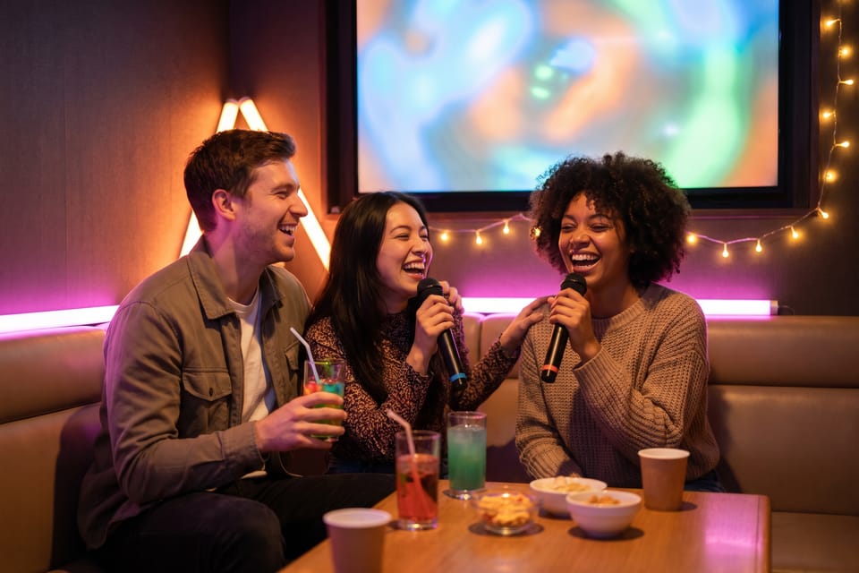 Friends singing together in a karaoke room at night
