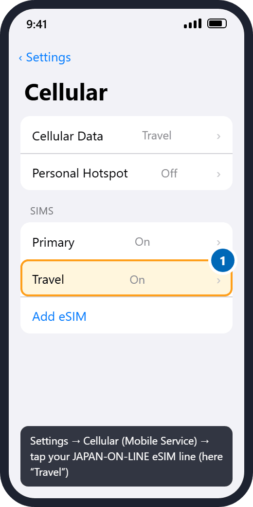 iPhone: Settings, Cellular, tap the JAPAN-ON-LINE eSIM line under SIMs