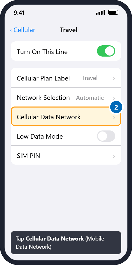 iPhone: the eSIM line settings with Cellular Data Network