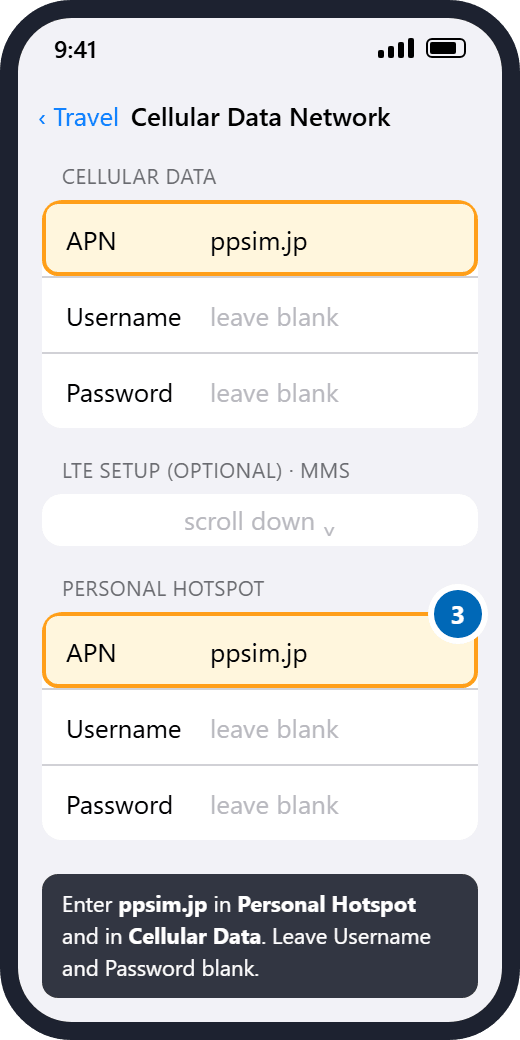 iPhone: Cellular Data Network with APN ppsim.jp in Personal Hotspot and Cellular Data, username and password blank