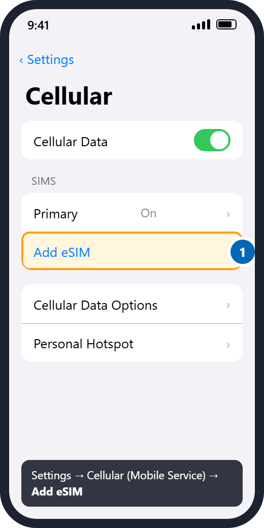 iPhone: Settings, Cellular, Add eSIM