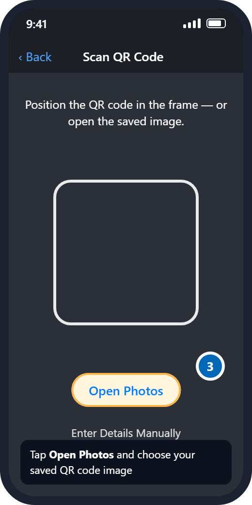 iPhone: Scan QR Code screen with the Open Photos button